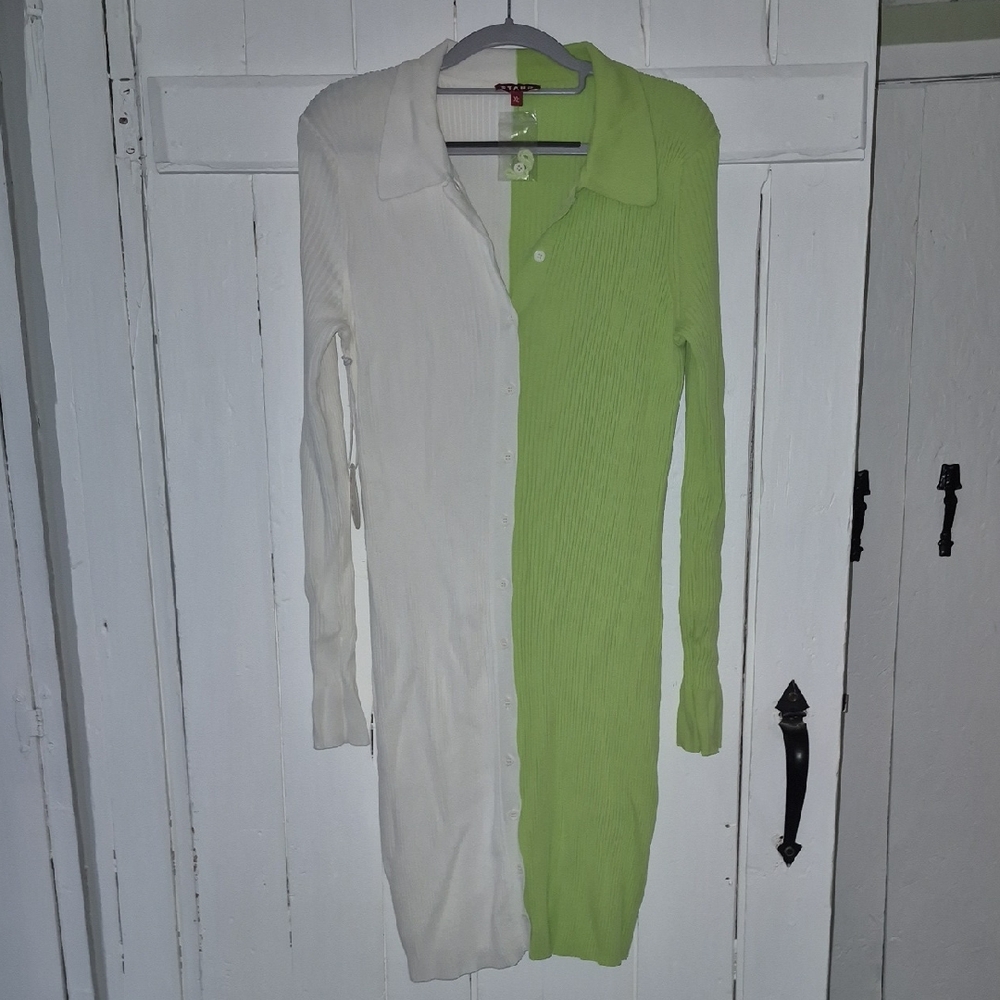 STAUD XL Two-Tone Mini Milton Dress - White and Green